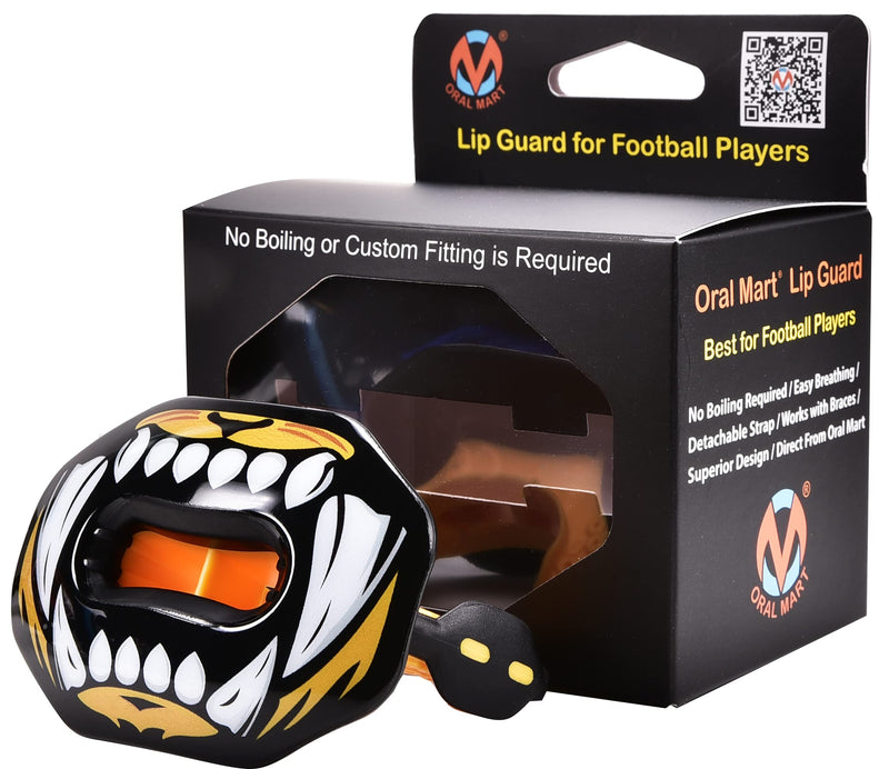 Oral Mart Flag Football Mouth Guard with 3D LipFit Design for Kids - Youth Tackle Football Mouthguard (No Boil) Cool Instant Fit Lip Guard Mouthpiece for Braces (Detachable Helmet Strap Included) Youth / Adult (Age 8 & Up) Tiger Bite
