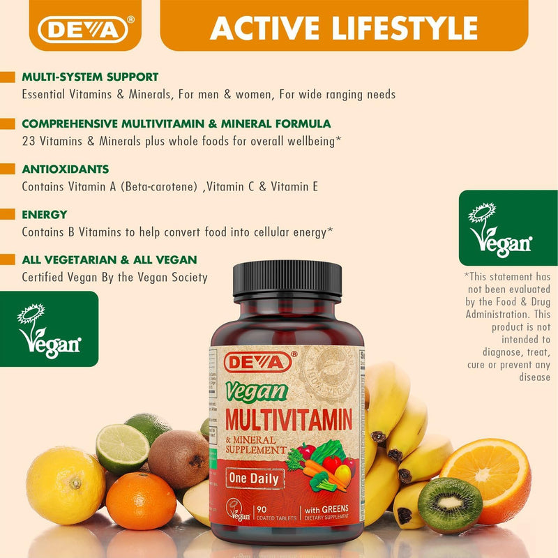 DEVA Vegan Multivitamin & Mineral Supplement with Iron 2-Pack, Spirulina, Chlorella, Ashwagandha, Broccoli & More, 90 Coated Tablets Each 90 Count (Pack of 2)