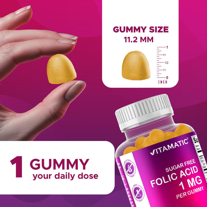 Vitamatic Sugar Free Folic Acid 1 mg Gummies 120 Count Orange Flavor-2 Pack | 1 mg Folic Acid, 1667 mcg DFE per gummy, Healthy cell growth, red blood cell formation, Gluten Free, Non GMO 60 Count (Pack of 2)