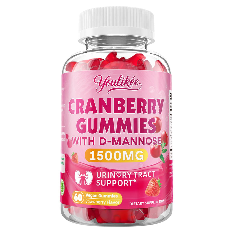 Vegan Cranberry Gummies with D Mannose - Supports Urinary Tract Health for Women & Men, Sugar-Free, Non-GMO and Gluten Free, Strawberry Flavor, 60 Count 60 Count (Pack of 1)