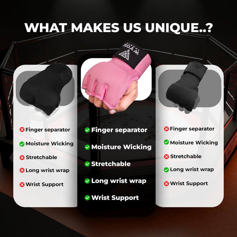 WYOX Gel Boxing Hand Wraps Inner Gloves for Men & Women – 80cm Quick Wrist Strap, Padded Knuckle Support, Fingerless MMA Muay Thai Kickboxing Wraps for Training, Punching & Martial Arts Small-Medium Pink