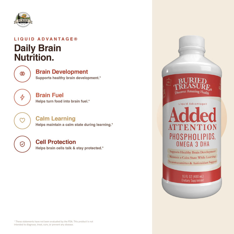 Buried Treasure - Added Attention - Children's Learning Support with GABA DHA Vitamin B and Herbal Blend - Aid Healthy Brain Functions - Improved Short-Term Auditory Memory Focus & Behavior 16.54 oz