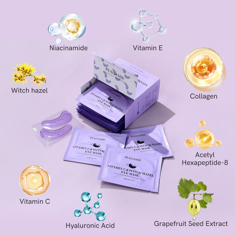 PEAUAMIE Under Eye Patches with Vitamin C and Witch Hazel Eye Mask for Dark Circles and Puffiness,Face Mask Skin Care Products 30 Pairs Purple