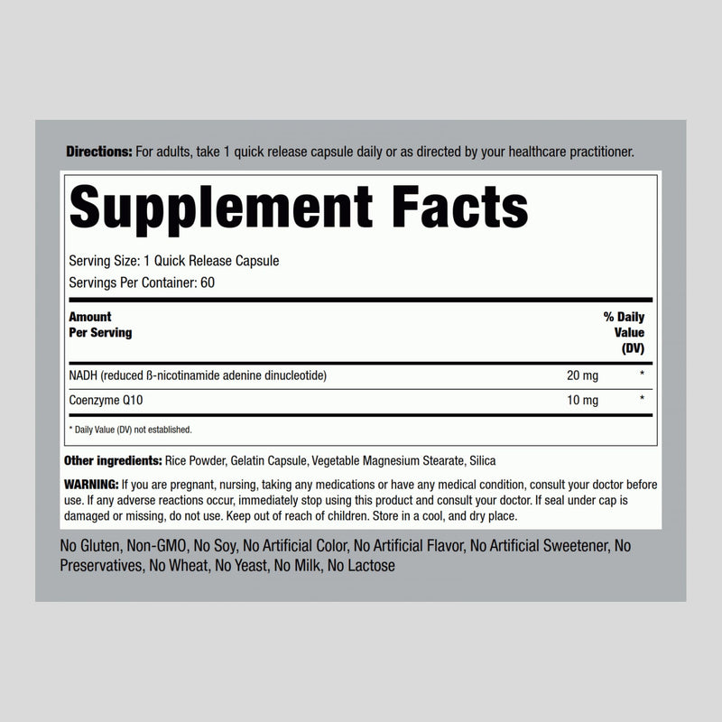Piping Rock NADH Coq10 Supplement | 20 mg | 60 Capsules | Mega Strength | Non-GMO, Gluten Free