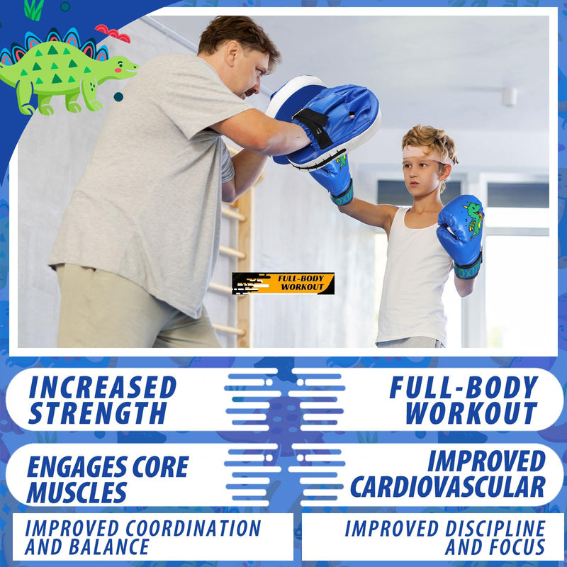 Boxing Gloves and Punching Mitts Set 4oz Gloves Boxing Pads Kids Youth Sparring Gear Training Equipment for Taekwondo Kick Karate Muay Thai MMA Martial Art Blue Dragon