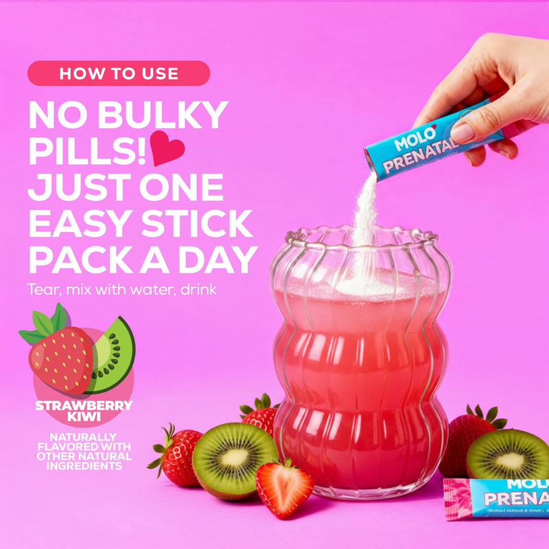 MOLO Prenatal Multi-Vitamin Drink Mix for Women – Packed with Essential Vitamins & Antioxidants, Methylfolate, & Iron – 30 Stick Packs Strawberry Kiwi Flavor – Vegetarian, Gluten-Free & Non-GMO