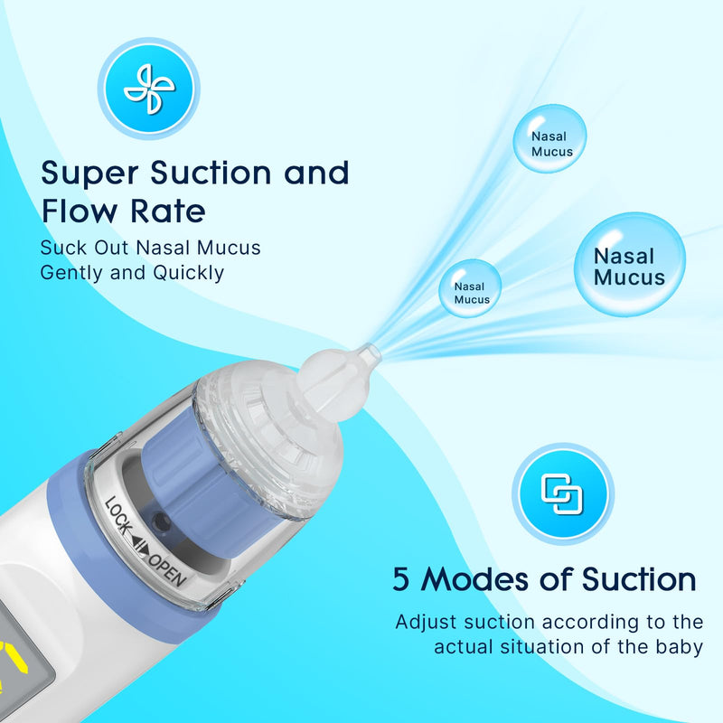 Electric Nasal Aspirator for Baby, Nose Aspirator for Toddlers, Rechargeable Baby Nose Sucker, Nose Cleaner with 3 Silicone Tips, 5 Suction Levels, Music and Light Soothing Function，Blue Blue
