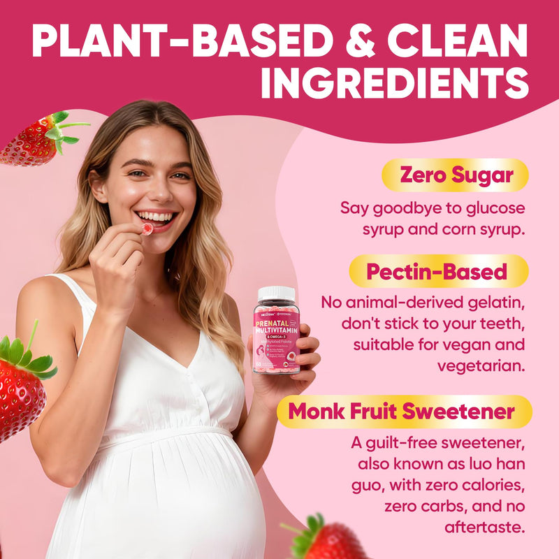 Prenatal Vitamins for Women Gummies w/ Methylfolate 1mg, Omega 3 DHA 800mg | Iron, Choline, Iodine, Vitamin D3 B6 B12 - Multivitamin for Women Before, During & After Pregnancy, Sugar Free, Vegan, 120Cts 60 Count (Pack of 2)