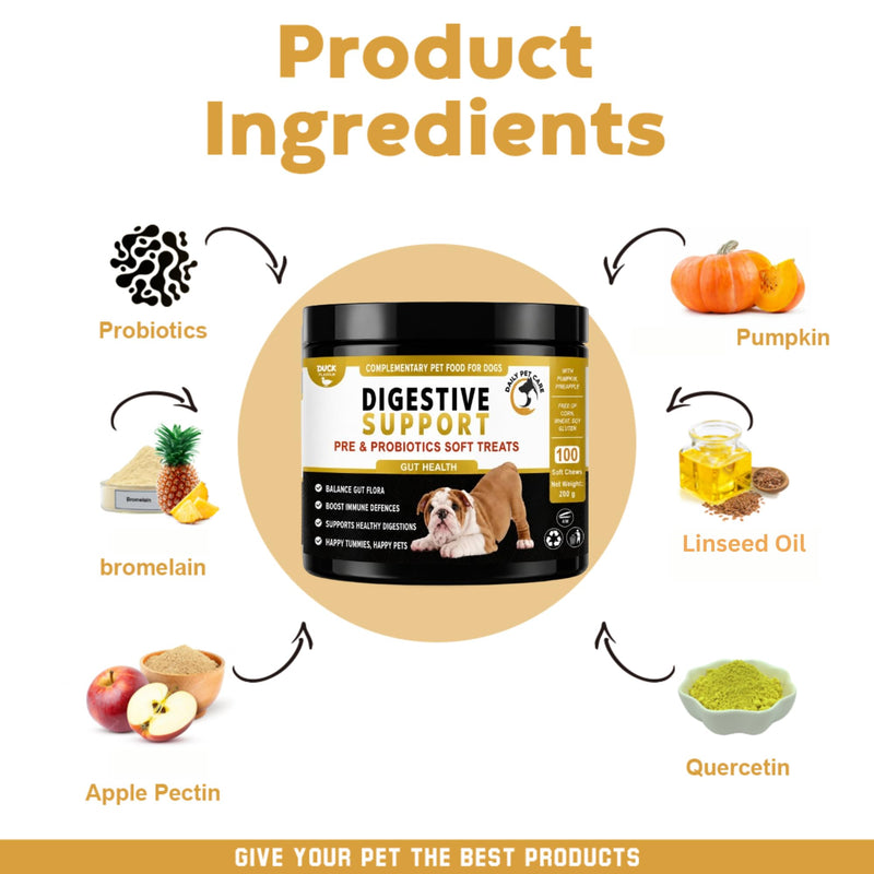 Probiotics for Dogs – Dog Probiotic Soft Chews Duck Flavour with 5 Billion CFU Pre & Probiotics – Daily Digestive & Gut Support Supplement for Dogs – Pumpkin & Linseed Oil – 100 Chews