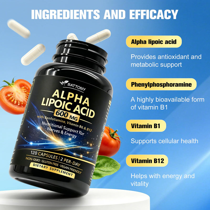 Battony Alpha Lipoic Acid 600 mg with Benfotiamine, Vitamin B6 & B12, Non-GMO, Gluten Free, Vegan Friendly Lab Tested, ALA Supplement 120 Capsules,2 Month Supply