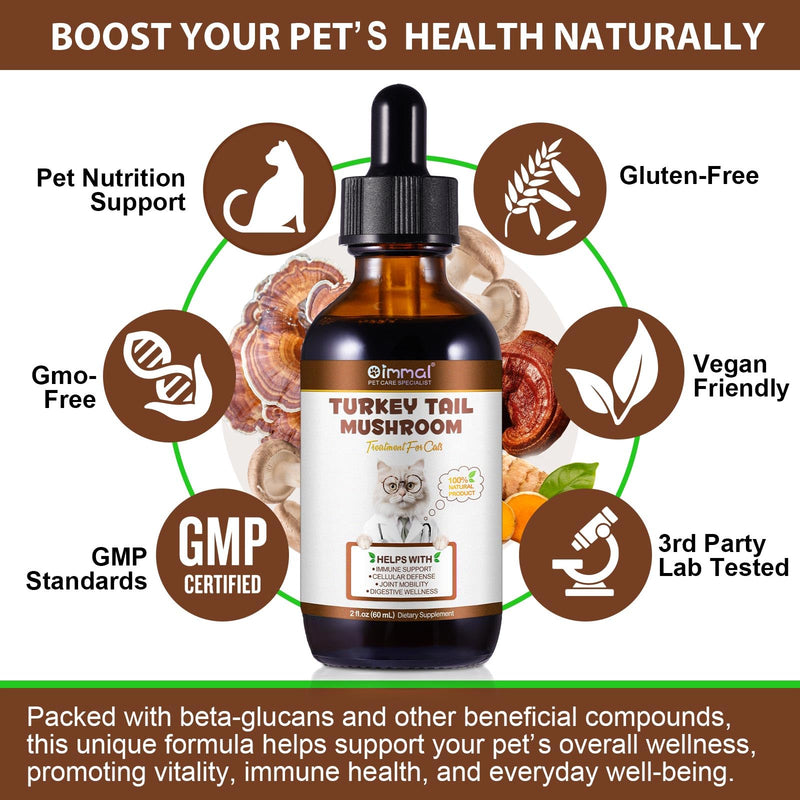 Turkey Tail Mushroom for Cats,Turkey Tail Mushroom Liquid Extract for Immune & Digestive, Joint, Energy,Cat Mushrooms Drop with Turmeric & Probiotic,Faster Absorption- 60ml
