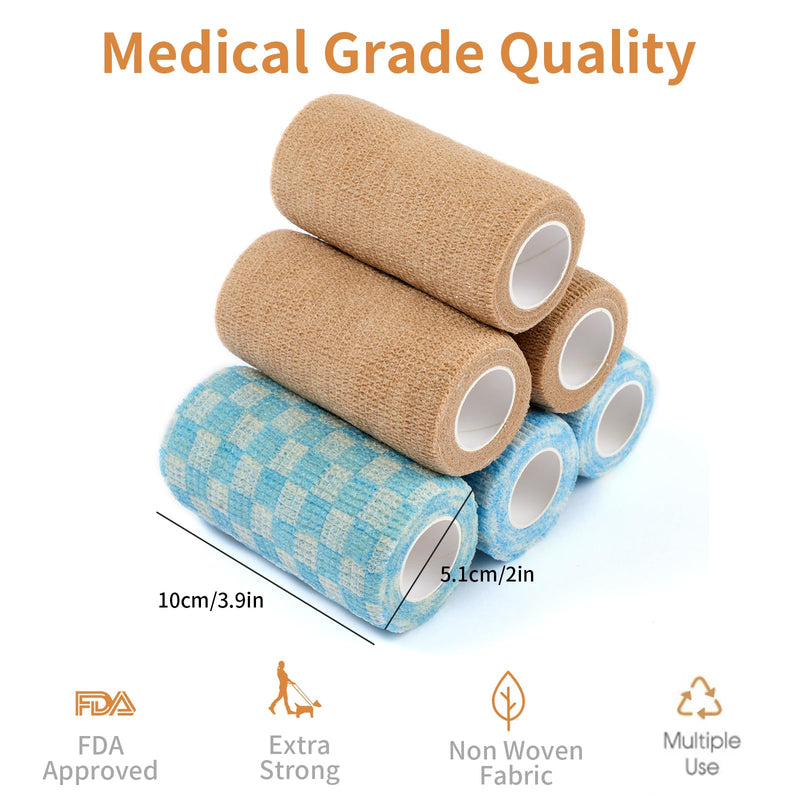 Self Adhesive Bandage Wrap, 4 inches 5 Yards Pet Vet Wrap Cohesive Bandages Non-Woven Tape Adherent for Dogs Cats Horses Birds Animals Wounds Pack of 6 4 Inch - BeesActive Australia