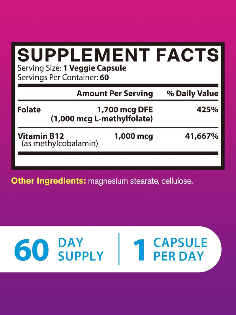 L-Methylfolate Supplement 1000 mcg with Methyl B12 Cofactor, 60ct | High Potency Bioactive Folate & Vitamin B12 1000 mcg , Heart Health, Nerves, Cognition, Energy Metabolism, Mood,