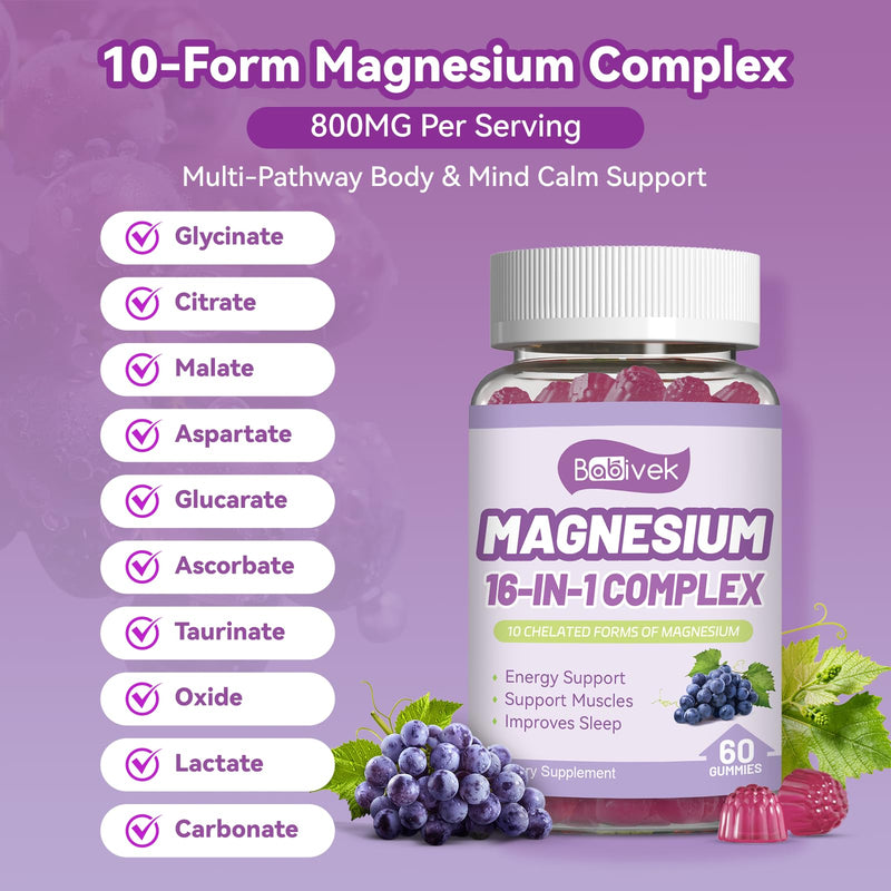 2 Pack Magnesium Gummies with Vitamin D3, C, B6, B12 & Zinc | 800mg Magnesium Gummies,Magnesium Citrate,Glycinate,Malate,Oxide,Women Men Bone Muscle Health,Vegan,Grape Flavor 60 Count (Pack of 2)