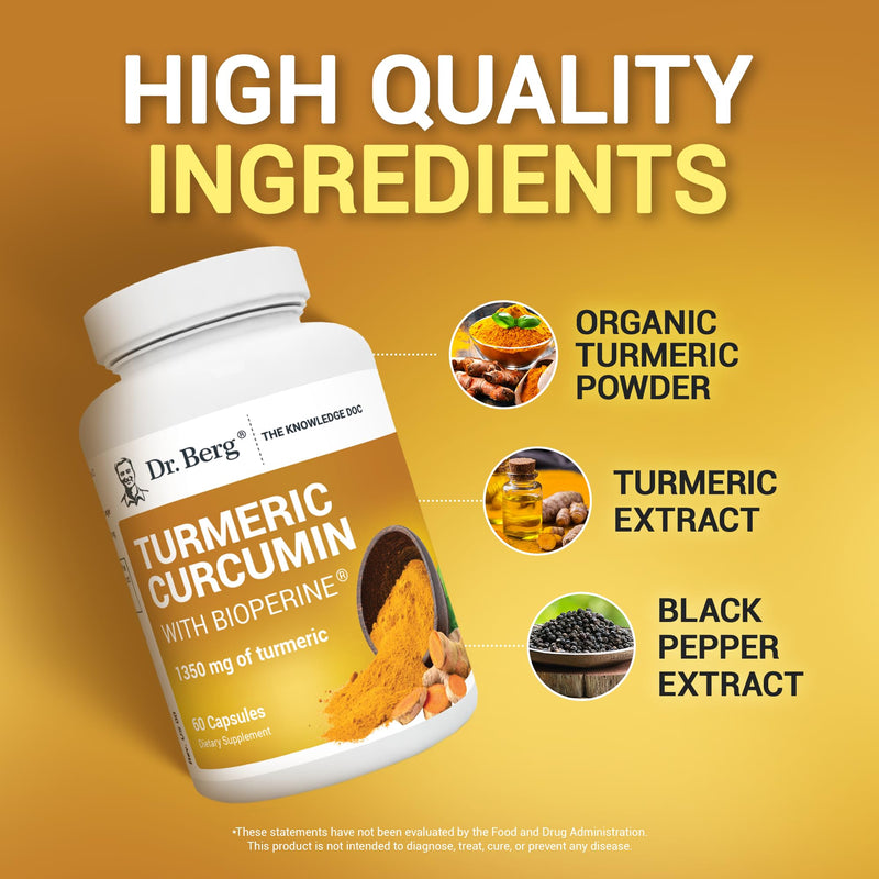 Dr. Berg (Only 2 Per Day) Turmeric Supplement with Black Pepper (BioPerine) - 1350 mg Turmeric Curcumin Supplement with 95% Curcuminoids – Turmeric Curcumin with Black Pepper – 60 Turmeric Capsules - BeesActive Australia