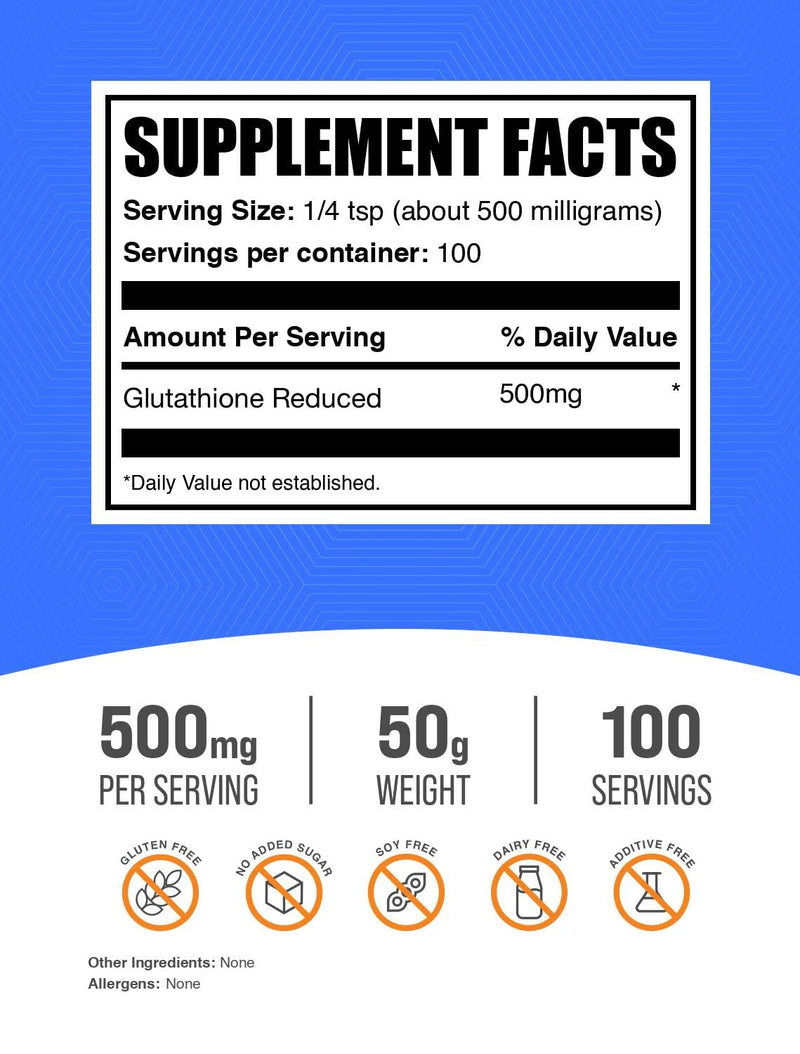 BulkSupplements.com Glutathione Reduced Powder - Glutathione Supplement, Reduced Glutathione Powder - Glutathione 500mg, Gluten Free, 500mg per Serving, 50g (1.8 oz) (Pack of 1) 1.8 Ounce (Pack of 1)