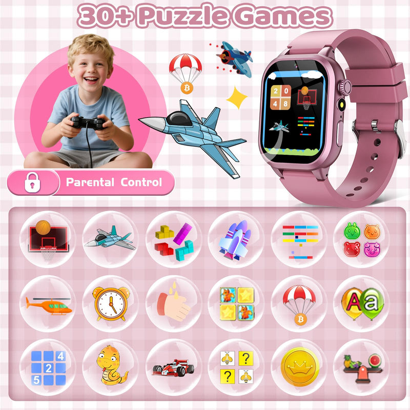 OVV Kids Game Smart Watch 1.54" HD Touch Screen, 30+ Educational Games, Camera, Pedometer, Alarm, MP3 Player, Auidobook, Learn Card,Time Tools, Parental Control, Wrist Watches for Boys Girls Age 4-12 Pink - BeesActive Australia