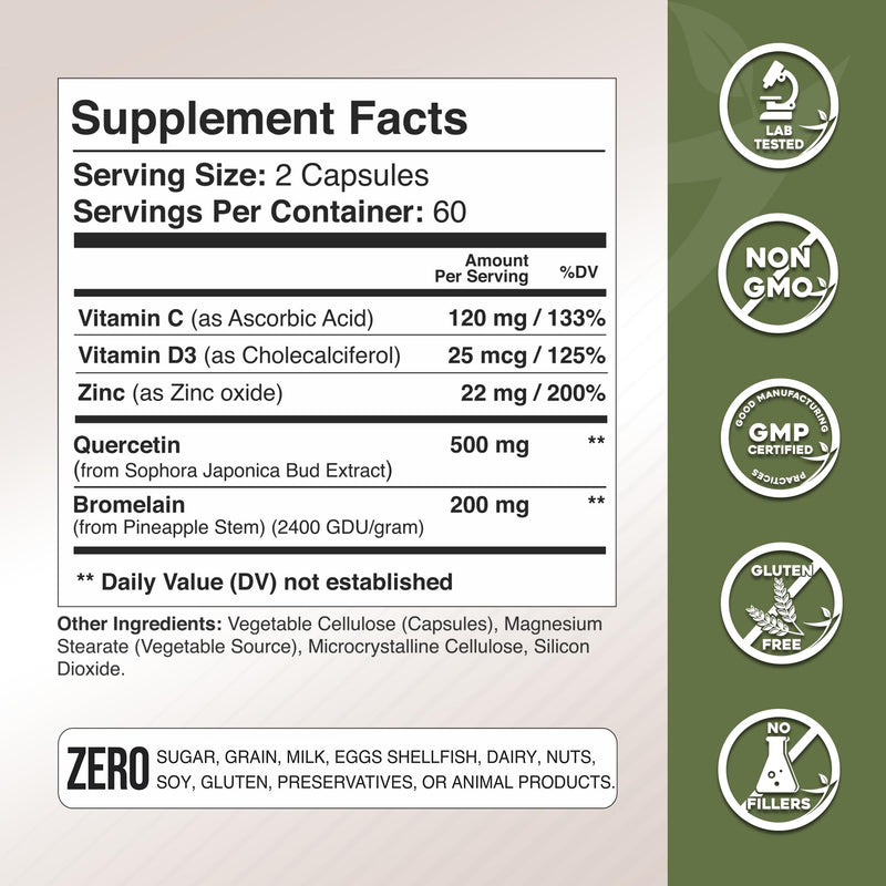 Gade Nutrition Quercetin with Bromelain Vitamin C and Zinc Vitamin D | Immune Support Supplement in Capsules | Non-GMO, Gluten-Free, Vegan | Made in USA | 6 Month Supply 120 Count (Pack of 3)