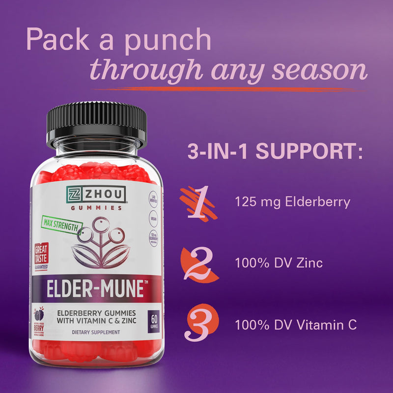 Zhou Immune Support Bundle - 60 Elderberry & 60 Vitamin C Gummies | Elder-Mune Elderberry & Vitamin C Gummies for Adults & Kids, Daily Natural Immune Support Supplements for Women & Men 60 Count (Pack of 2)