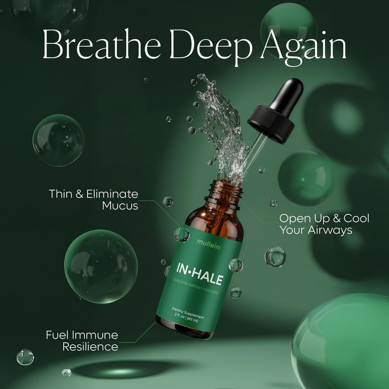 mullein Inhale Drops for Lungs: 2oz. Instant Cooling Herbal Tincture, Vitamin C, Vitamin B6, Leaf Extract for Lungs - Eliminate Mucus, Refresh Airways, Power-Up Immunity, Serving Size 2ml