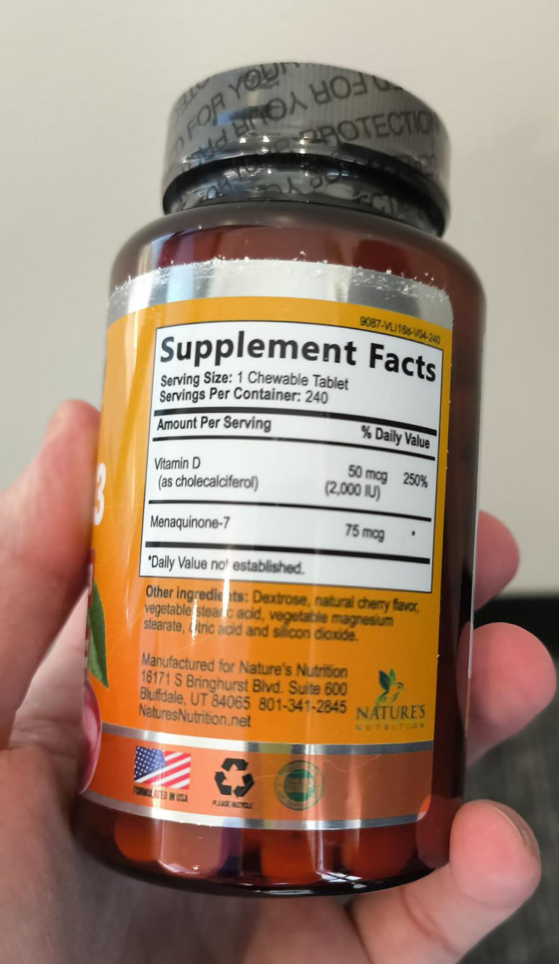 Vitamin D3 K2 Supplement - 2000 IU D3 Per Serving - Extra Strength MK-7 K with Vitamin D3 - For Immune Support, Heart, Teeth & Bone Health - Easy to Swallow D3K2 Chewable, Berry Flavor - 240 Tablets 240 Count (Pack of 1)