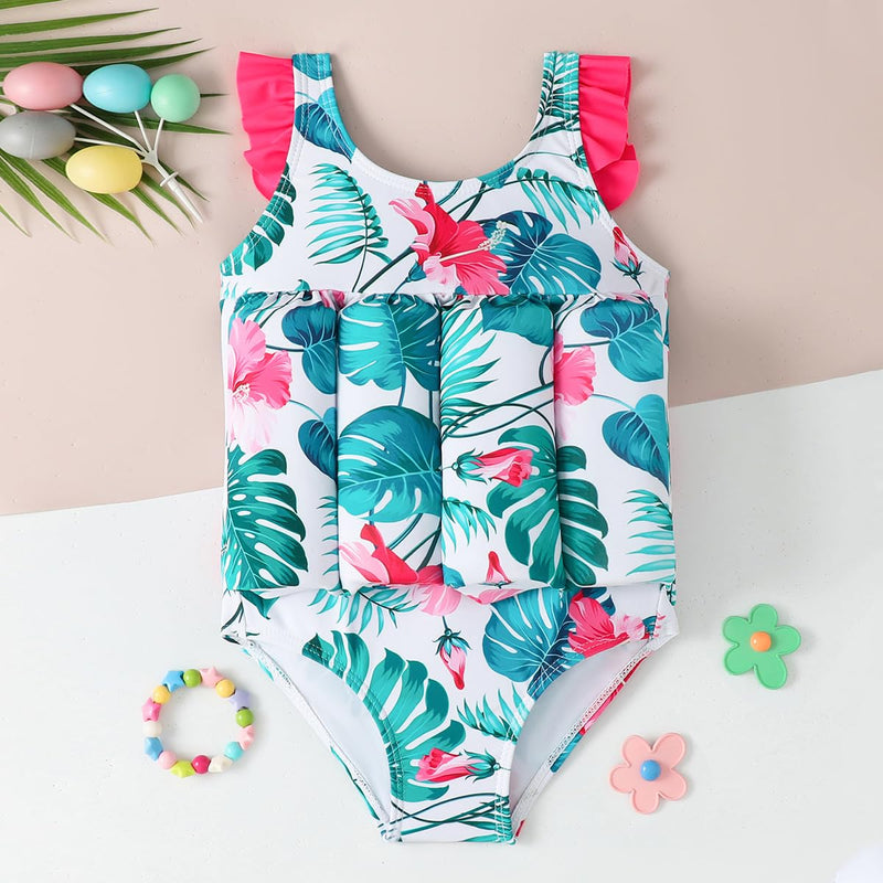 ABEHIK Kids Floatation Swimsuit Float Suit Boys Girls One Piece Floating Swim Vest with Adjustable Buoyancy Life Bathing Suit Green Leave 9-12 Months - BeesActive Australia