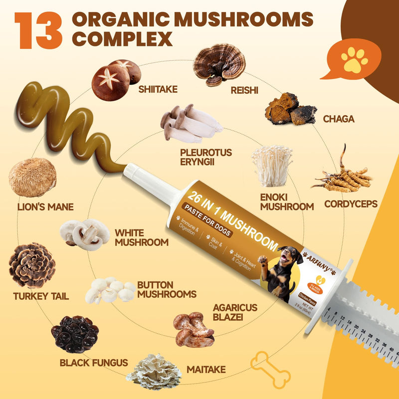 25 in1 Dog Mushroom Chews & Dog Mushroom Paste - Gut, Skin, Joint, Immune Health - Lumps&Bumps Treatment