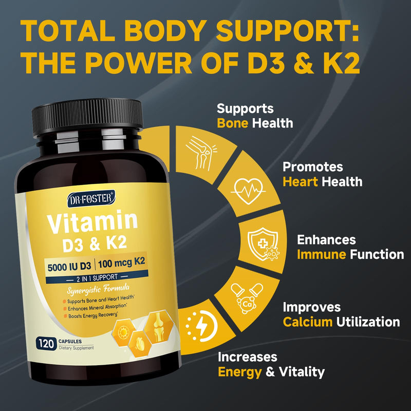 DRFOSTER Vitamin D3 K2 5000 IU with Zinc & Boron, 120 Vegan Capsules | 125mcg D3 and 100mcg K2 (MK7) with MCT, Bone Strength, Heart, and Immune Support, Non-GMO and Gluten Free 120 count（120 Servings）