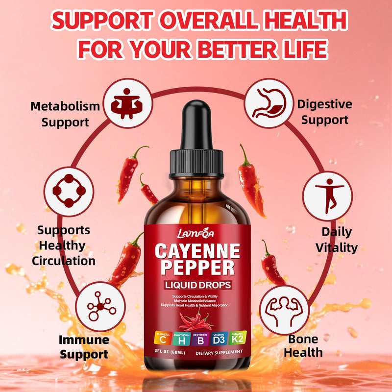 Cayenne Pepper Drops with Hawthorn, Turmeric Curcumin, Beet Root, Vitamins D3 & K2 - Vegan, Fast-Absorbing Supplement - 2 Fl Oz