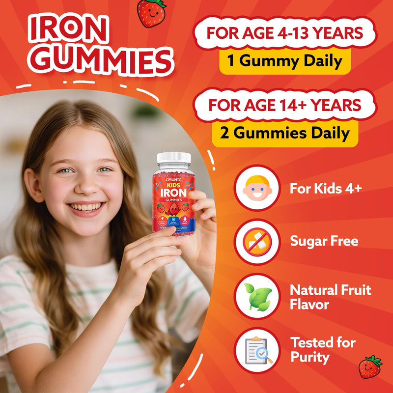 2PCS Iron Gummies for Kids & Teens, Kids Multivitamin with Iron Supplement, Calcium, Folate, Zinc, Prebiotic - for Blood Builder & Energy Support, Iron Deficiency - Vegan & Non-GMO - 120 Count Strawberry 60 Count (Pack of 2)
