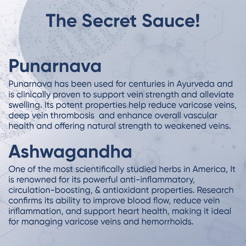 Reduce Varicose Veins & Boost Circulation with 60 Easy-to-Swallow Ayurvedic Tablets of Ashwagandha, Punarnava, Turmeric & Triphala | Reduce Leg, Ankle & Feet Swelling, Support Heart & Rectal Health Beginners Pack!