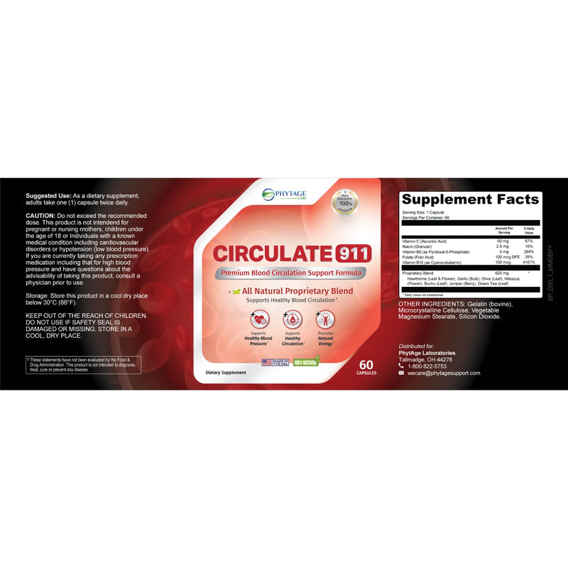 Circulate 911 – Premium Blood Flow Support Supplement – Natural Antioxidant Formula with Hawthorne, Olive Leaf & Green Tea – Supports Healthy Blood Pressure & Natural Energy – 60 Capsules
