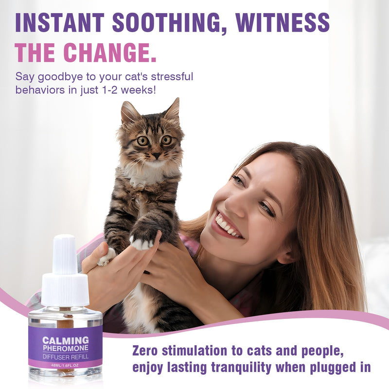 Cat Calming Pheromone Diffuser Refills 4 Pack Anxiety and Stress Calming for Cats Reduce Inappropriate Peeing and Spraying Fragrance Free for Bedroom Bathroom Reduces Conflict in Multi-Cat Households Purple