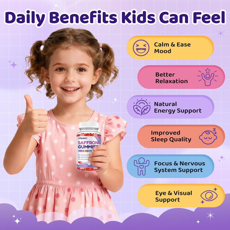Saffron Gummies for Kids & Adults, 20-in-1 Saffron Supplements with 88.5mg Saffron Extract, B6, B12, C, D3, Magnesium for Calm, Focus, Nerve, Sugar Free, Vegan, Non-GMO - Strawberry Flavor, 60 Counts 60 Count (Pack of 1)