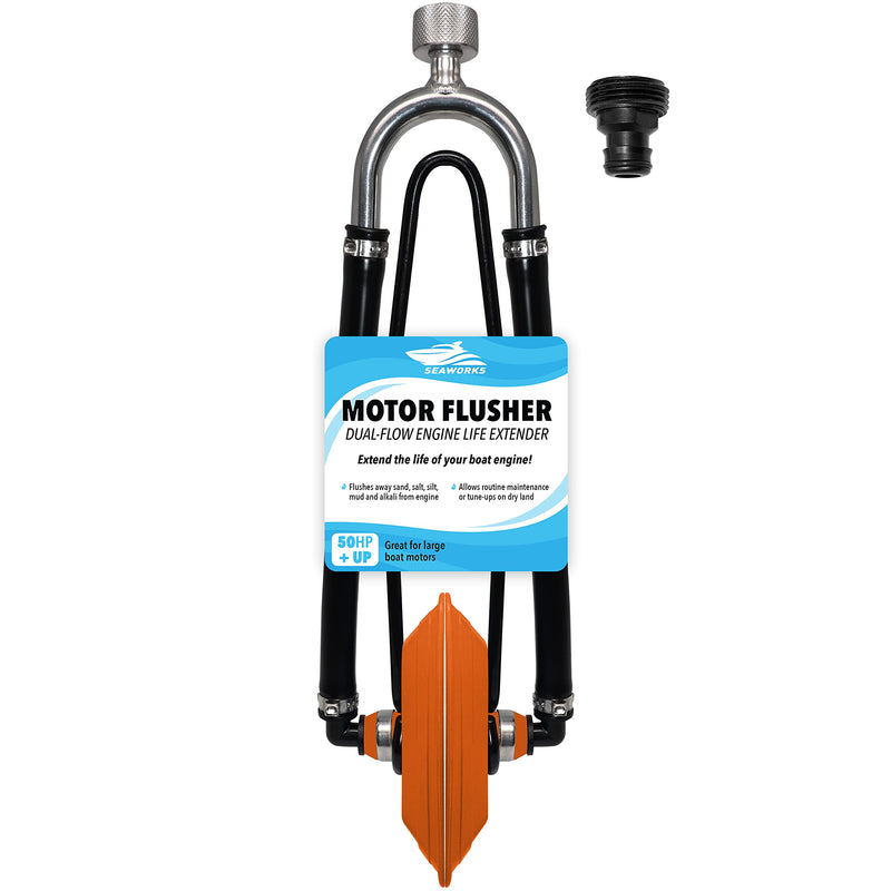 Steel Dual Feed Muff Style Heavy Duty Steel Boat Motor Flusher | Use for Antifreeze Winterization or Common Water Flush | 5/8 Inch Standard Garden Hose Connection Orange
