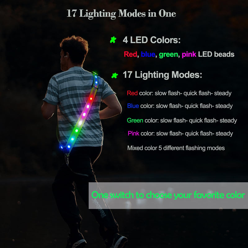 LED Reflective Running Gear Sash 4 Lights Colors in One Adjustable Safety Running Vest Belt for Night Walking High Visibility Running Gear for Men Rechargeable LED Running Belt Reflective Gear