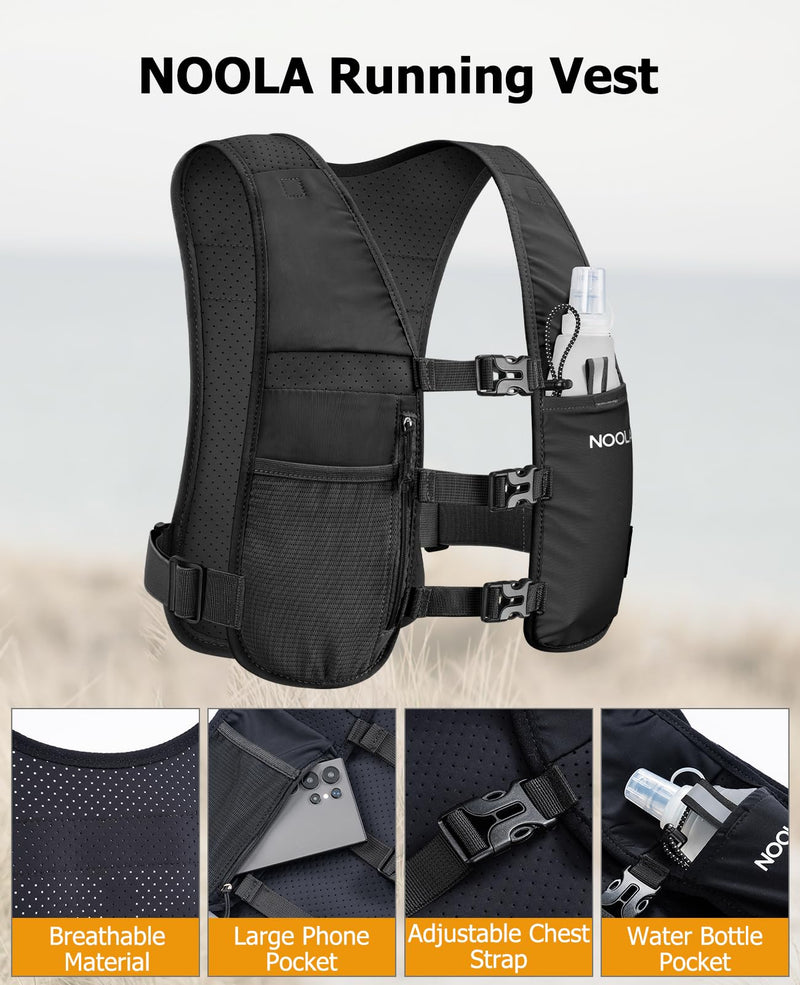 NOOLA Running Vest for Men Women, Adjustable Running Hydration Vest with 500ml Soft Flask, Water Backpack with Phone Holder Black