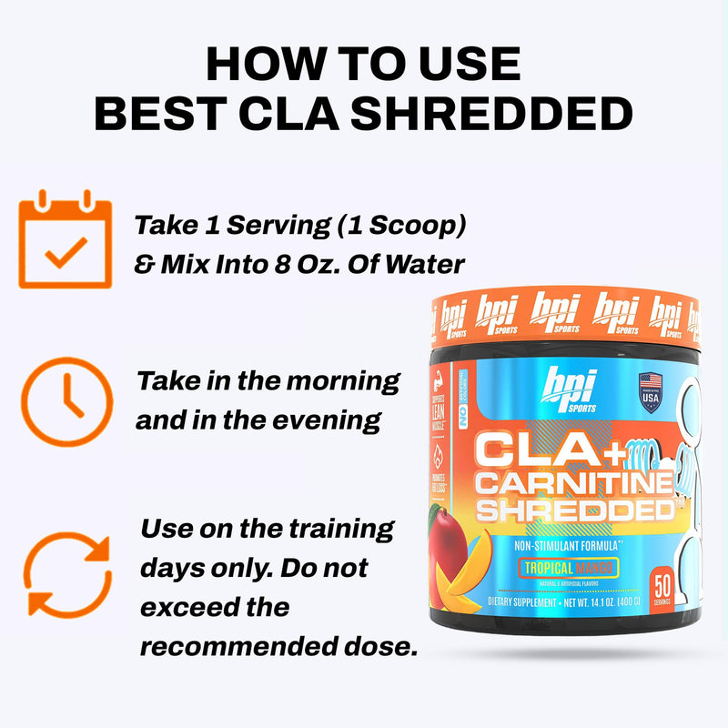 BPI Sports CLA + Carnitine Shredded - Convert Fat Cells Into Energy and Supports Lean Muscle, Boost Metabolism - Non-Stimulant L-Carnitine Supplement - Tropical Mango (14.1 oz. / 50 Servings)