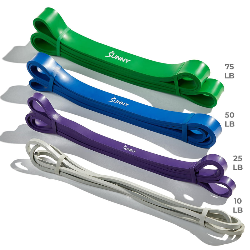 Sunny Health & Fitness Versatile Resistance Bands (Single or Combo Set) for Strength Training, Power Cage, Squat Rack, Home Gym, Body Stretching, Physical Therapy – 100, 140, 160, 180 & 10-75 LB Combo