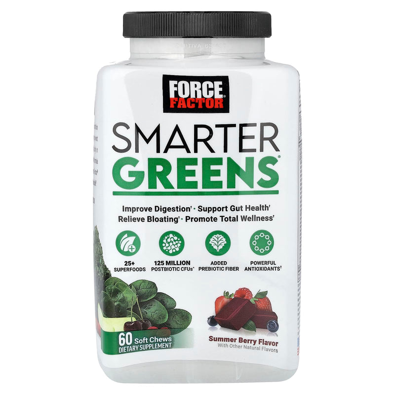 FORCE FACTOR Smarter Greens Superfood Chews, Greens and Superfoods with Probiotics, Antioxidants, and Fiber, Greens Supplement to Support Digestion, Nitric Oxide, and Energy, 60 Soft Chews 60 Count (Pack of 1)