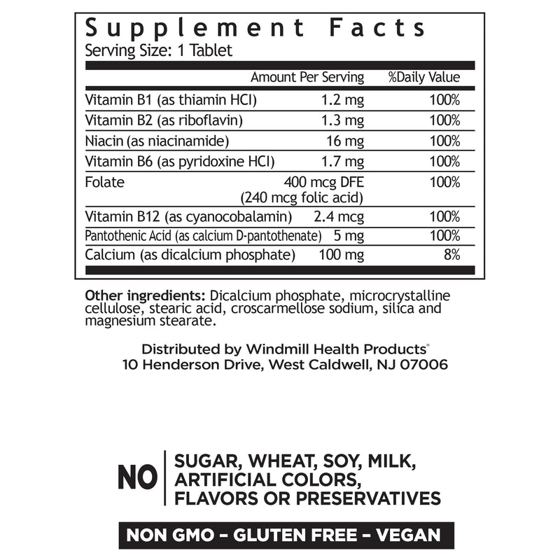 Windmill Natural Vitamins B Complex (100% Daily Value), Boost Energy Production and Promote Metabolism, 100 Tablets, 100 Servings
