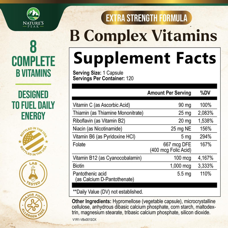 B Complex Vitamin Supplement with Vitamin C & Folic Acid - 120 Capsules | Super B Vitamin Complex - Contains B1, B2, B3, B6, and B12 vitamins for comprehensive nutritional support 120 Count (Pack of 1)
