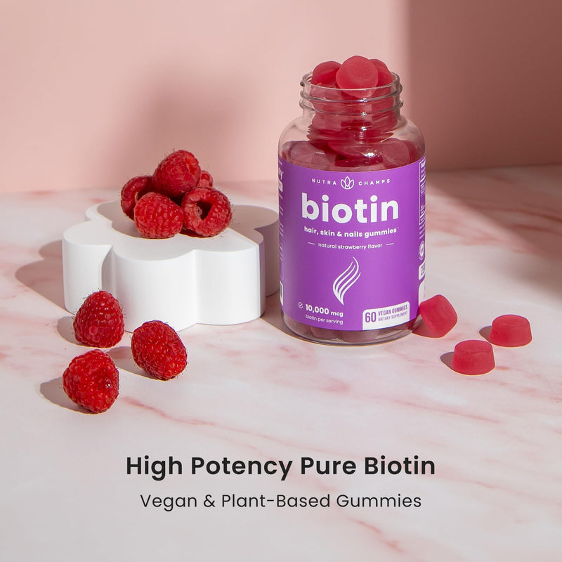 NutraChamps (2 Pack) Biotin Gummies 10,000mcg [High Potency] for Healthy Hair, Skin & Nails for Adults & Kids - 5000mcg in Each Gummy Vitamin - Vegan, Non-GMO, Pectin-Based Hair Health Supplement 2