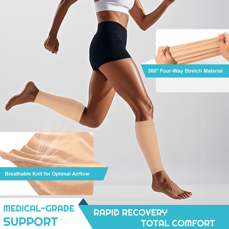 2 Pairs Calf Compression Sleeves Men&Women 20-30mmHg Medical Shin Splint for Leg Surpport Relief Pain Varicose Veins Small Beige Calf - BeesActive Australia