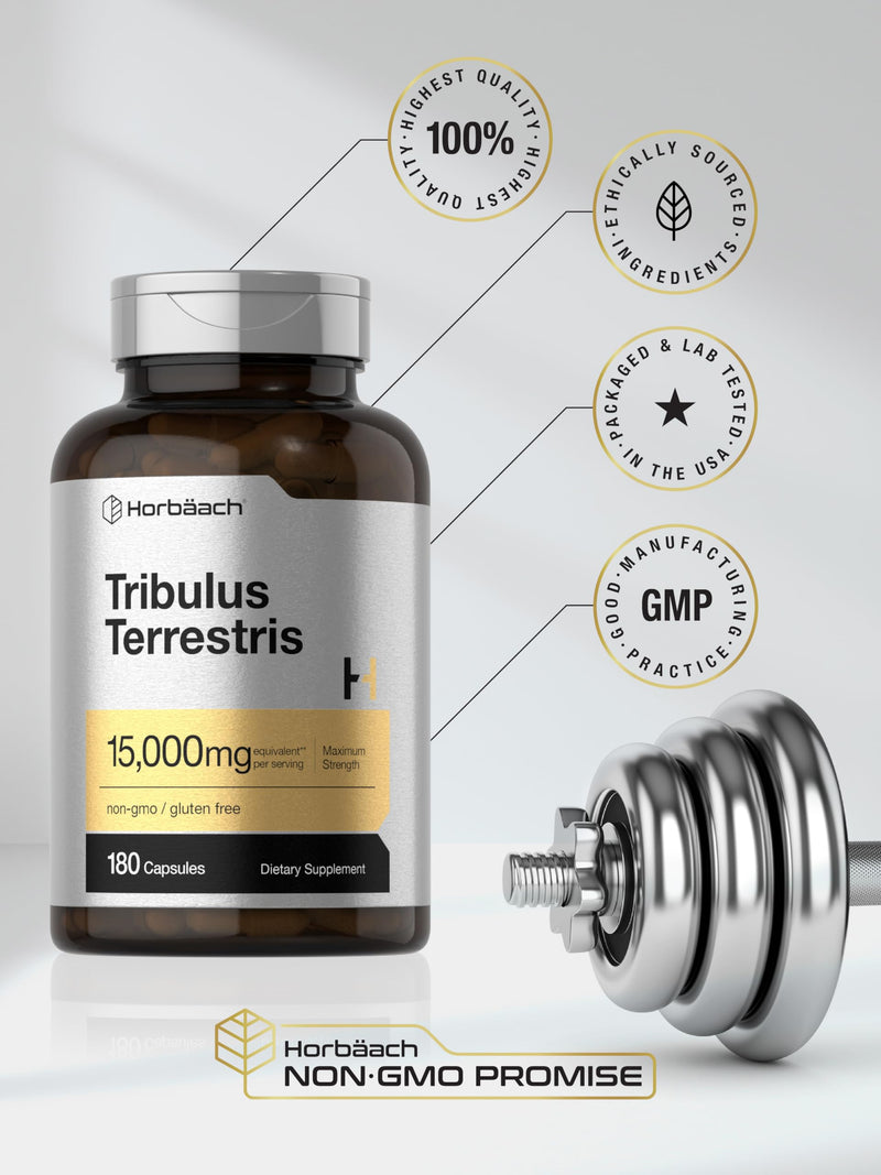 Horbäach Tribulus Terrestris for Men 15000mg | 180 Capsules | Maximum Strength | Non-GMO, Gluten Free Extract Supplement 180 Count (Pack of 1) - BeesActive Australia