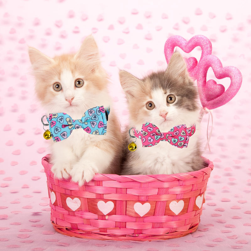2Pcs Valentine's Day Cat Collar Conversation Heart Bowtie Collar with Breakaway Bell Blue Pink Adjustable Kitten Collar for Girl Boy Cat Small Pet - BeesActive Australia