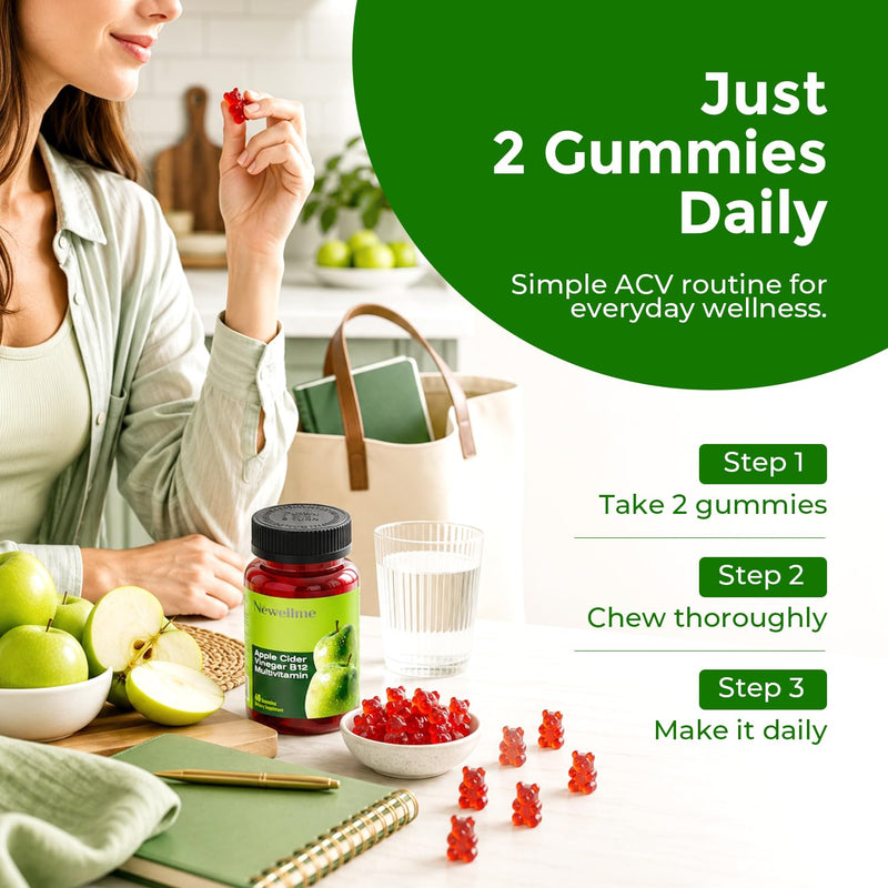 NEWELLME Sugar-Free Apple Cider Vinegar Gummies with B12,30 Counts | 1000mg ACV with The Mother,0g sugar ACV gummies,Digestive Wellness Support,Energy Metabolism Support,Keto-Friendly Formula 30 Count (Pack of 1)