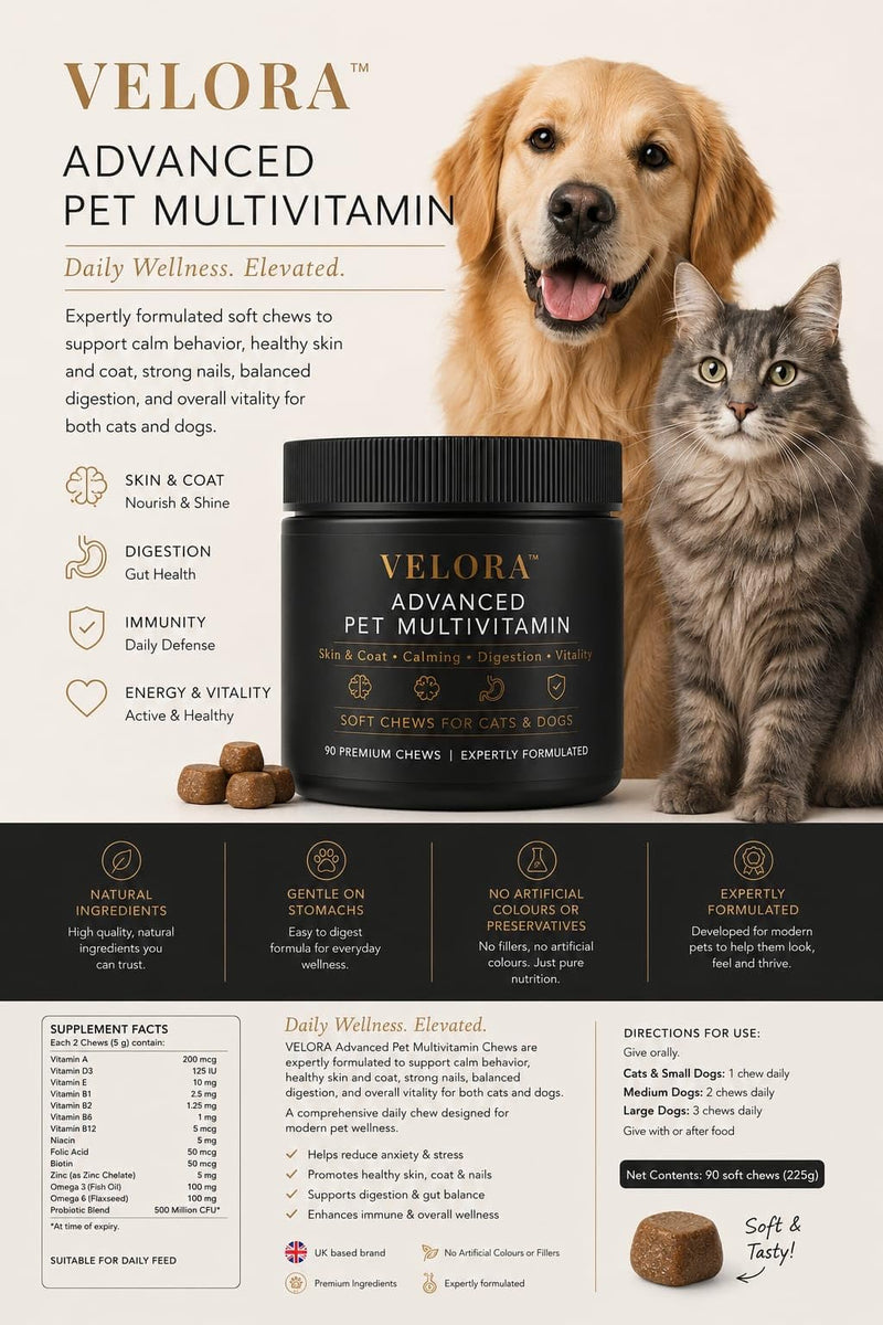 Velora Signature 5-in-1 Multivitamin Chews for Pets — Advanced Daily Wellness Support for Cardiac Health, Luxurious Skin & Coat, Digestive Comfort, Immune Defense, and Everyday Vitality • 90 Chews Dog
