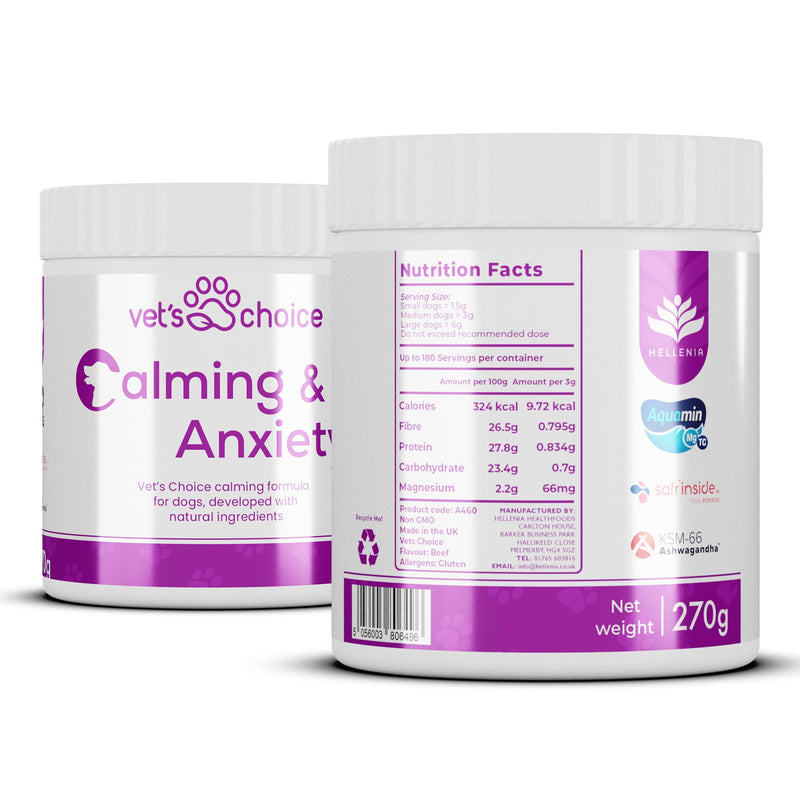 Dog Calming Supplements - Calming & Anxiety Powder for Dogs - 270g | Vet's Choice - GMP Certified | Support for relaxation & emotional balance | UK Made Dog Supplement, Mix in with Food (Beef Flavour)