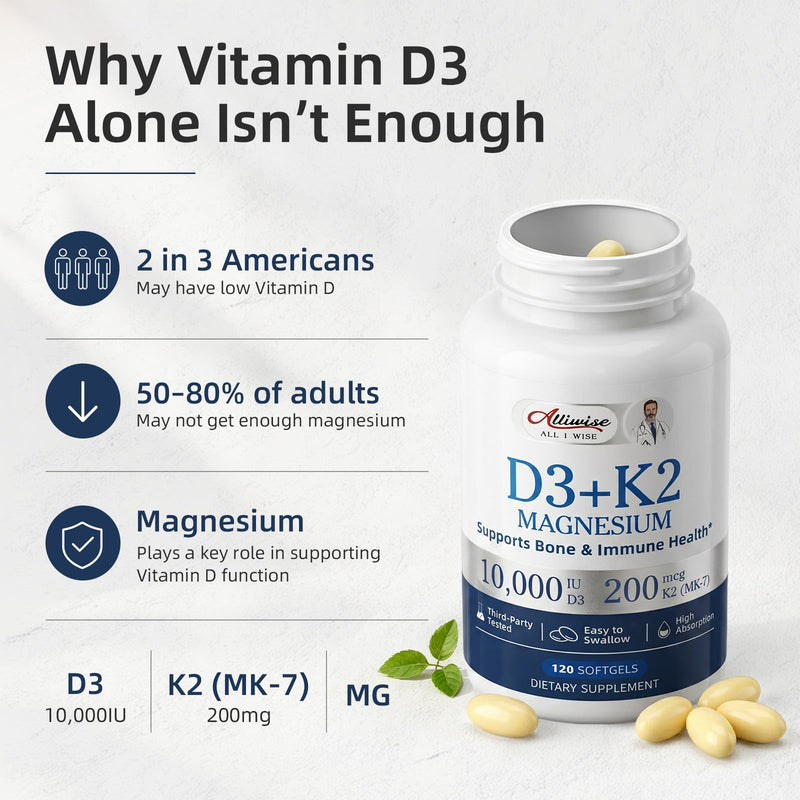 Alliwise D3 K2 Vitamin 10000 IU with Magnesium Complex Softgels, 240 Count | D3 K2 Magnesium Complex + 200mcg K2 MK-7 - High Potency Supports Calcium, Immune & Sleep Health,Gluten-Free 240 Count (Pack of 1)